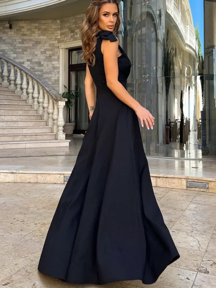 Damen Maxi-Kleid V-Ausschnitt Schleife Dunkelblau - Eveloria