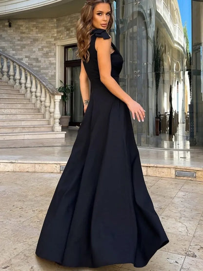 Damen Maxi-Kleid V-Ausschnitt Schleife Dunkelblau - Eveloria