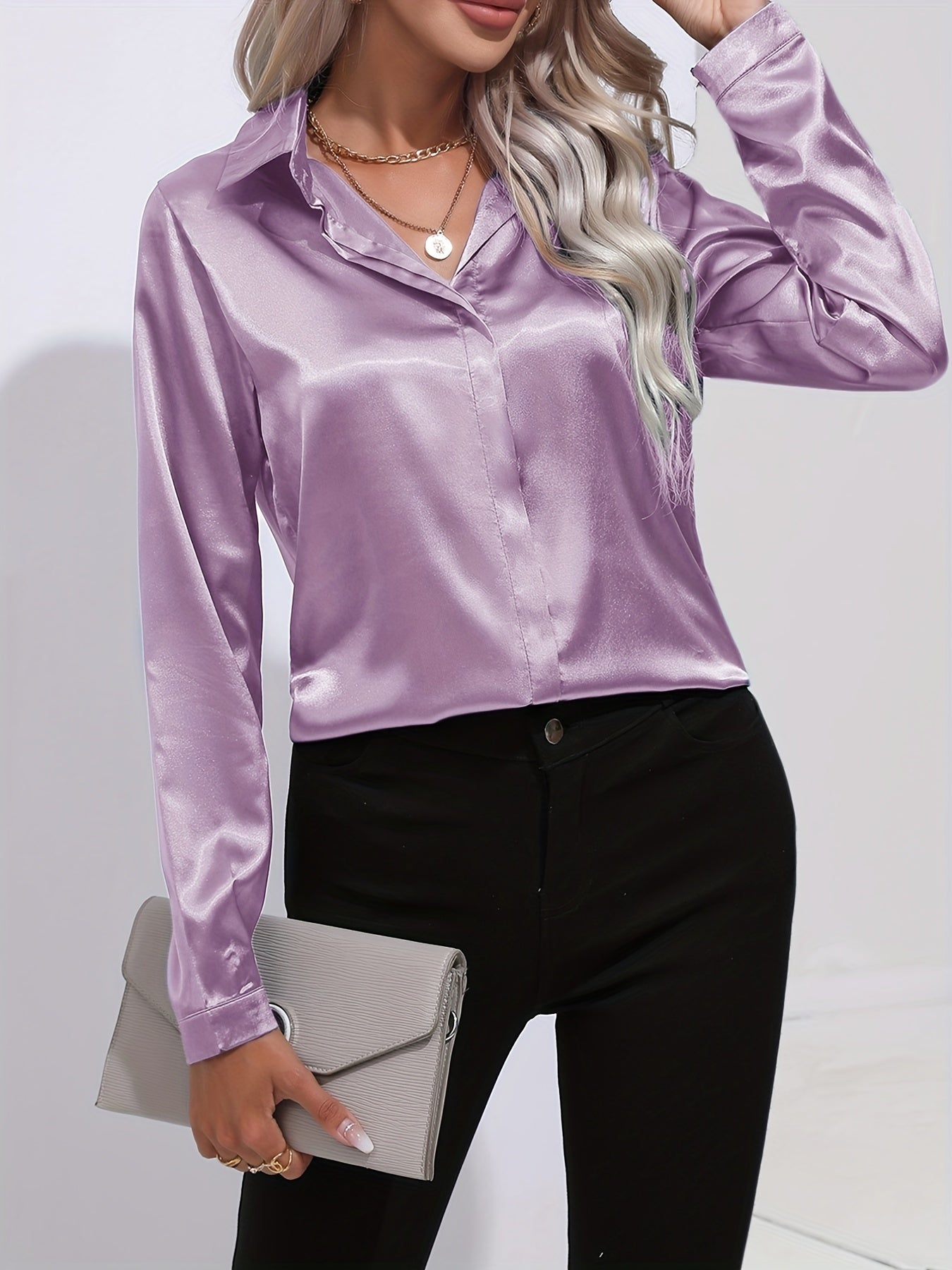 Damen Satin-Hemd Langer Ärmel Elegant Blau