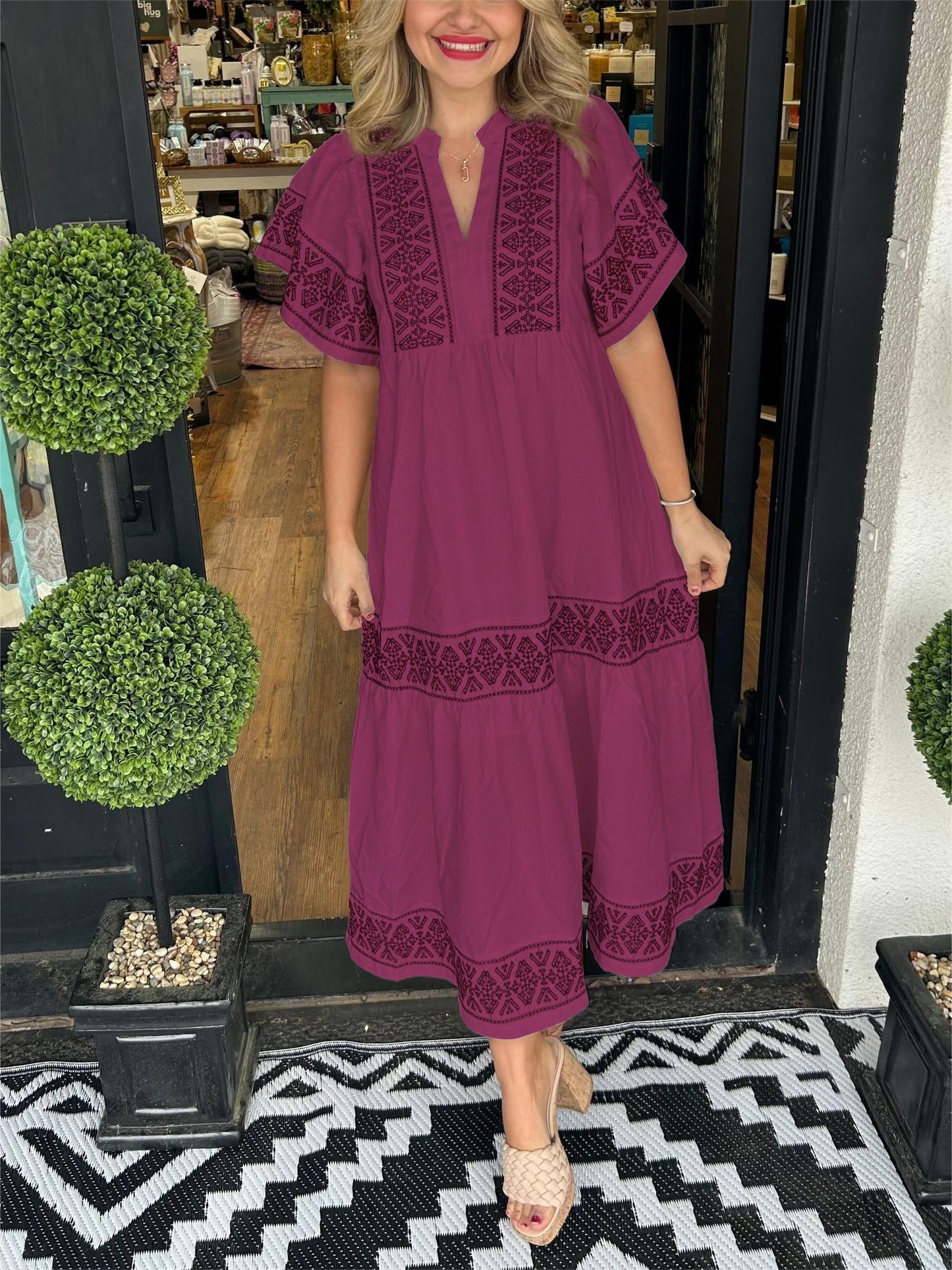 Ibiza Style Damen Midi Kleid V-Ausschnitt Weite Ärmel Lockere Passform