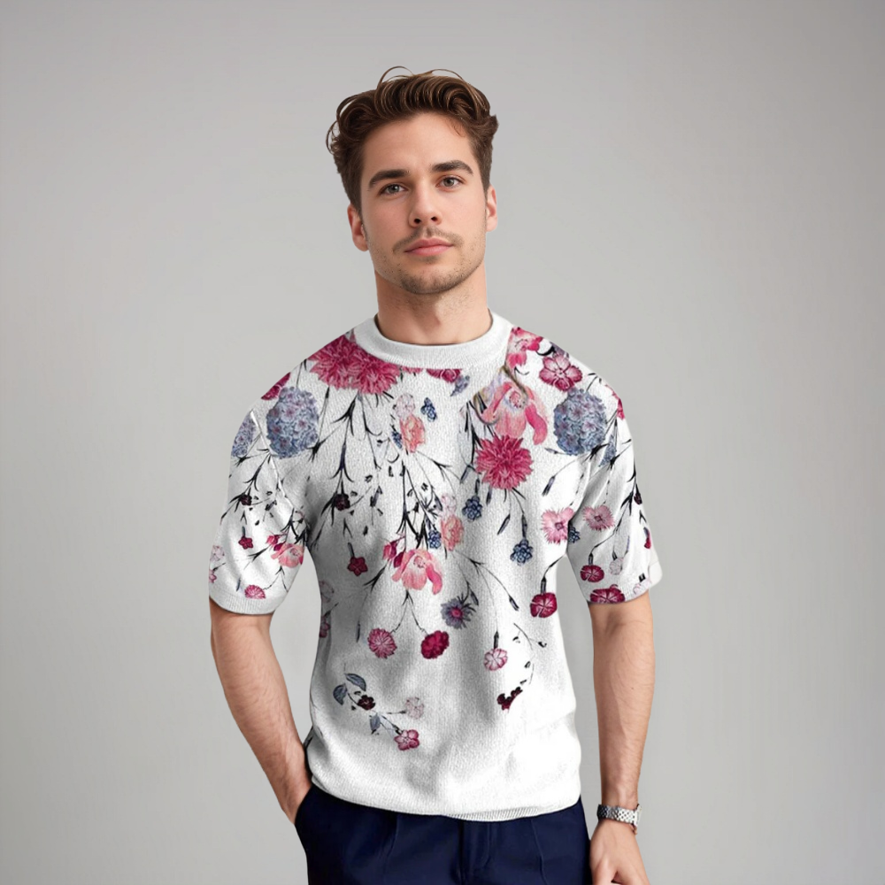 Herren Kurzarmshirt Floralmuster Baumwolle Blau - Norvielle