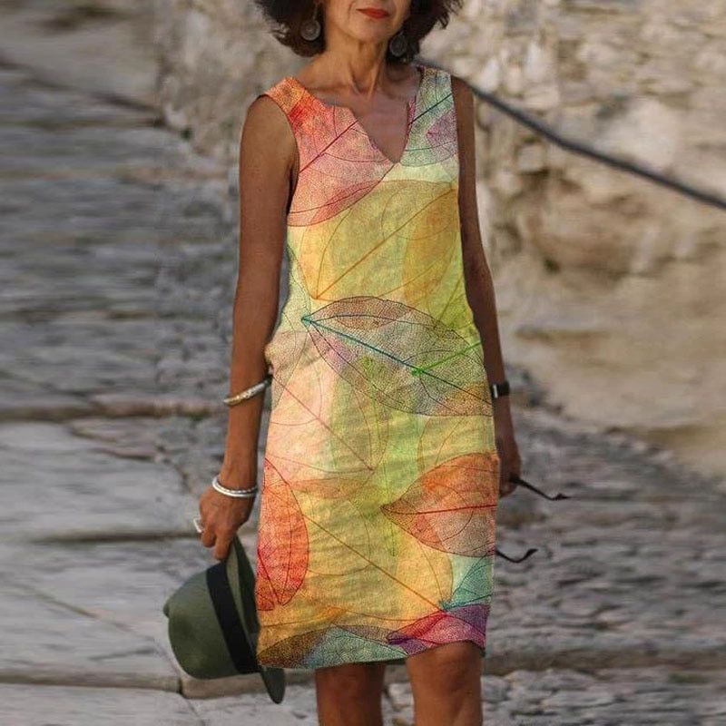 Damen Ärmelloses Kleid Blätterprint Elegantes Herbstkleid - Eveloria