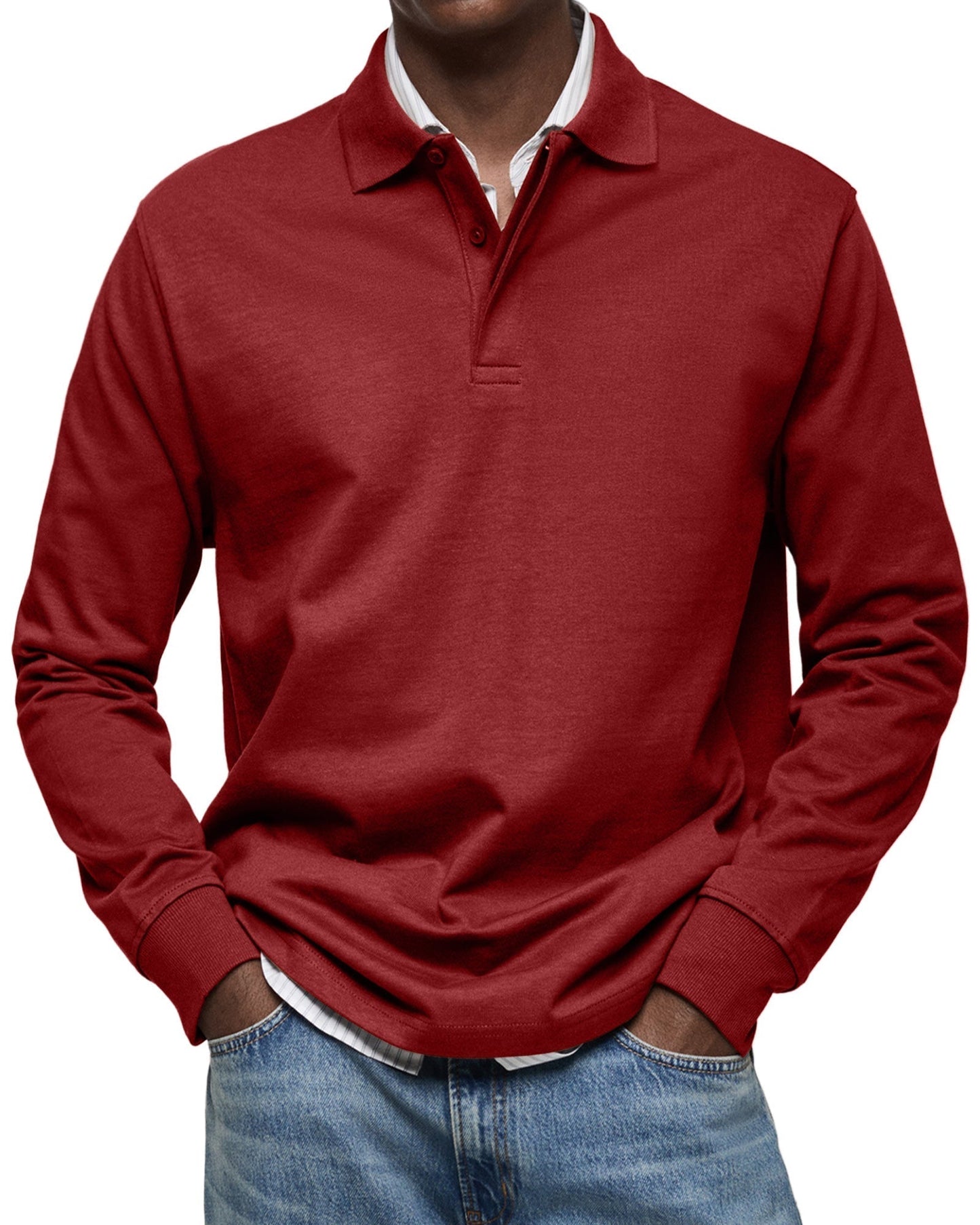Herren Langarm Poloshirt Knopfleiste Klassisch Beige
