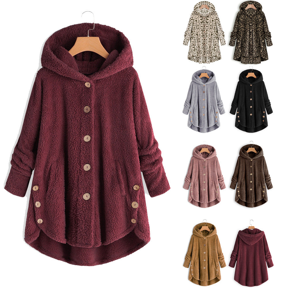 Damen Kapuzenjacke Tiermuster Knopfdetails Schwarz - Eveloria
