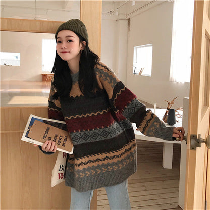 Damen Strickpullover Retro-Muster Baumwolle Beige