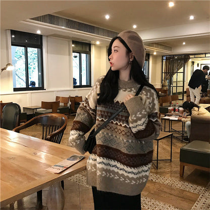 Damen Strickpullover Retro-Muster Baumwolle Beige