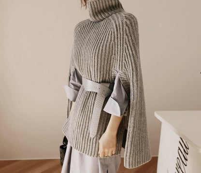 Damen Strickponcho Hochkragen Seitenschlitze Eveloria