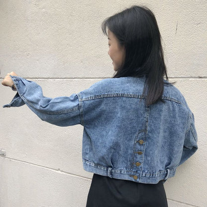 Damen Cropped Jeansjacke mit Taschen Blau Eveloria