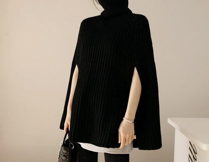 Damen Strickponcho Hochkragen Seitenschlitze Eveloria
