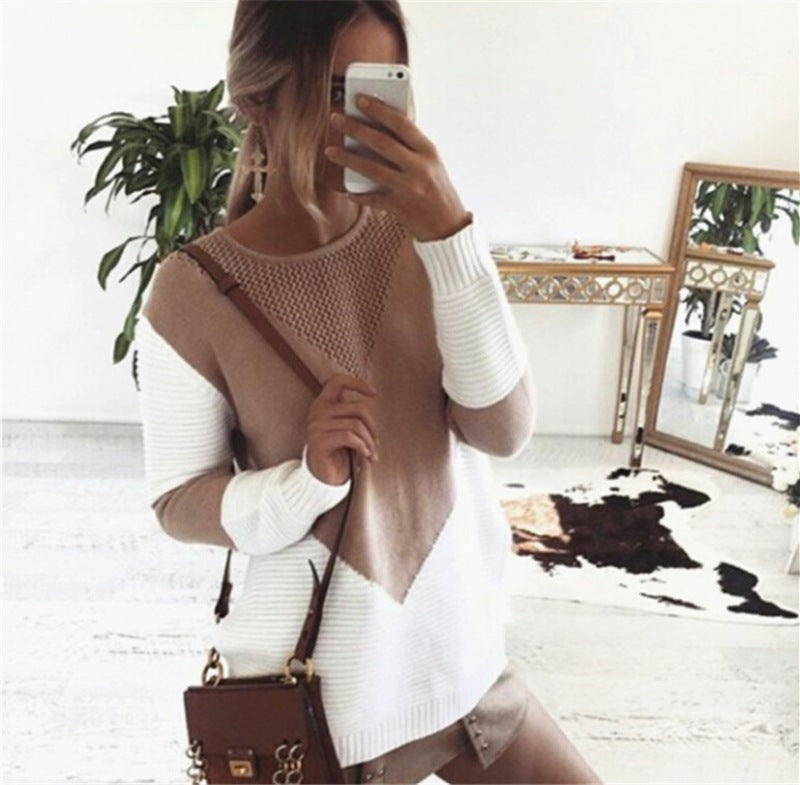Damen Strickpullover Strukturdesign Kontrastärmel