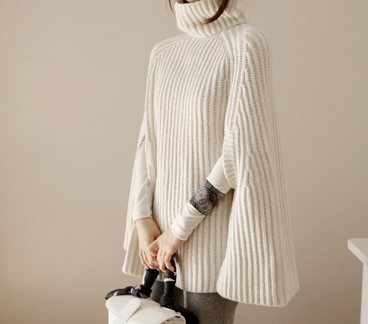Damen Strickponcho Hochkragen Seitenschlitze Eveloria
