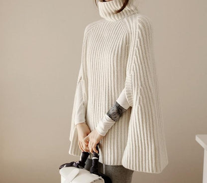 Damen Strickponcho Hochkragen Seitenschlitze Eveloria