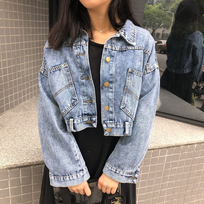 Damen Cropped Jeansjacke mit Taschen Blau Eveloria