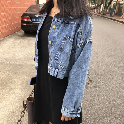 Damen Cropped Jeansjacke mit Taschen Blau Eveloria