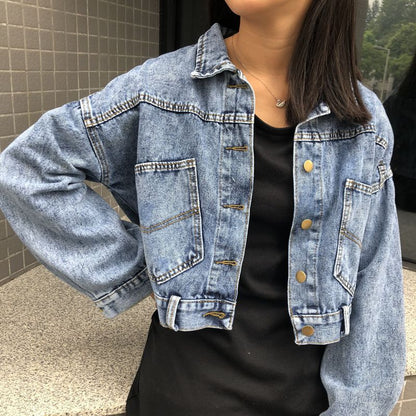 Damen Cropped Jeansjacke mit Taschen Blau Eveloria