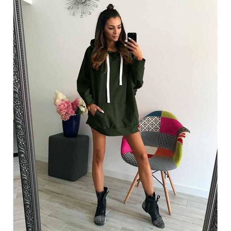Damen Hoodie-Kleid Kapuze Taschen Eveloria