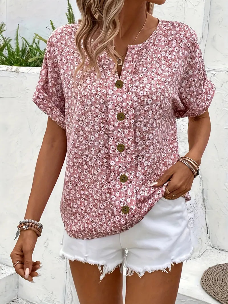 Damen Sommerbluse Lässig Floralmuster Knopfleiste