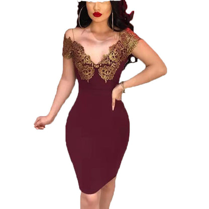 Damen Cocktailkleid Spitzenärmel Verführerischer Ausschnitt Eveloria