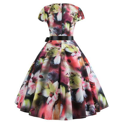 Damen A-Linien Kleid Blumenmuster mit em Gürtel