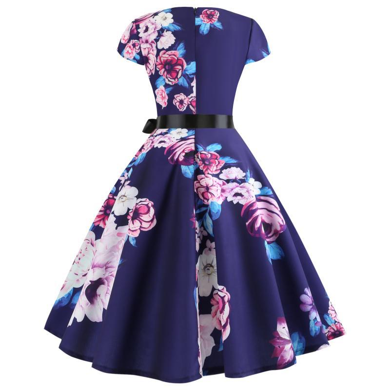 Damen Rundhals Midi-Kleid Florales Design Schwingender Rock
