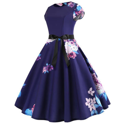 Damen Rundhals Midi-Kleid Florales Design Schwingender Rock