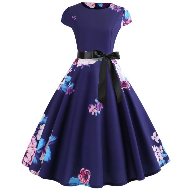 Damen Rundhals Midi-Kleid Florales Design Schwingender Rock - Eveloria