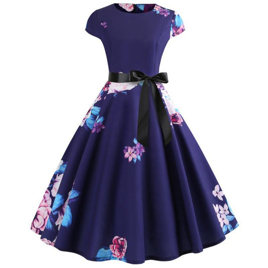 Damen Rundhals Midi-Kleid Florales Design Schwingender Rock - Eveloria