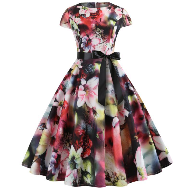 Damen A-Linien Kleid Blumenmuster mit schwarzem Gürtel Schwarz - Eveloria