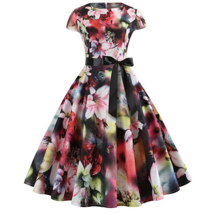 Damen A-Linien Kleid Blumenmuster mit schwarzem Gürtel Schwarz - Eveloria