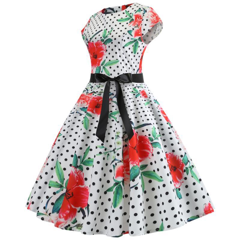 Damen Swingkleid Florales Design Polka-Dots