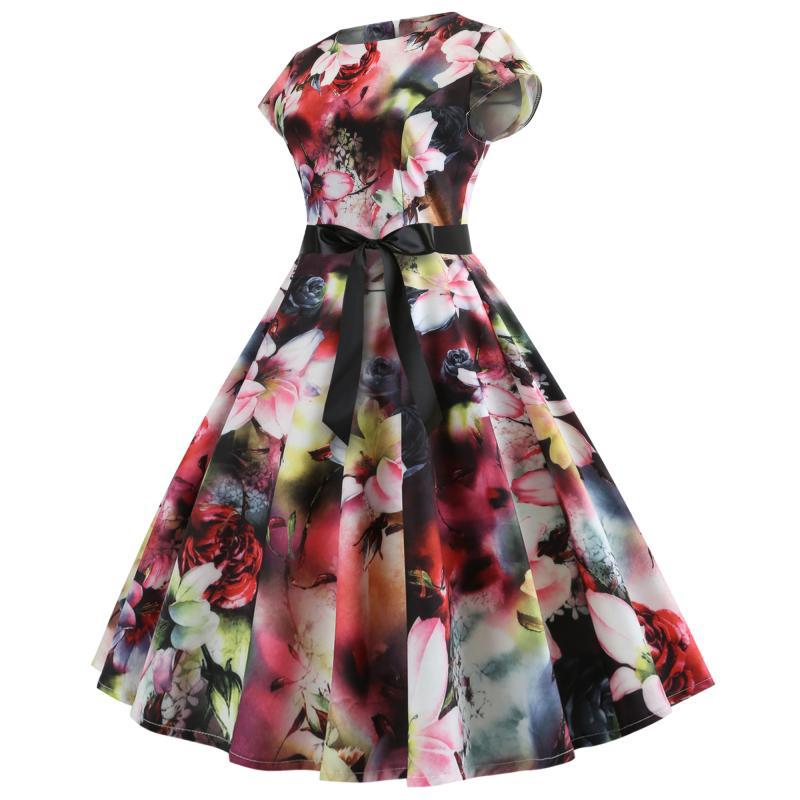 Damen A-Linien Kleid Blumenmuster mit em Gürtel