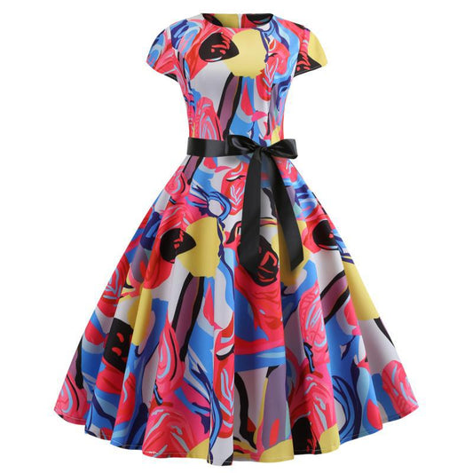 Damen Swingkleid Floral-Design Taillengürtel Eveloria - Eveloria