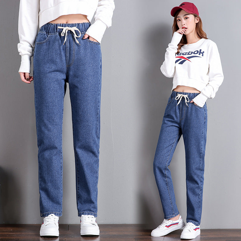 Damen Jeans Elastischer Bund Seitentaschen Blau Eveloria