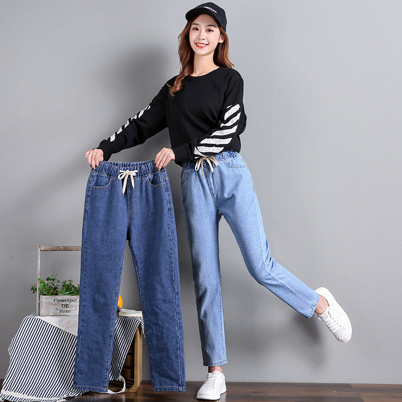 Damen Jeans Elastischer Bund Seitentaschen Blau Eveloria - Eveloria
