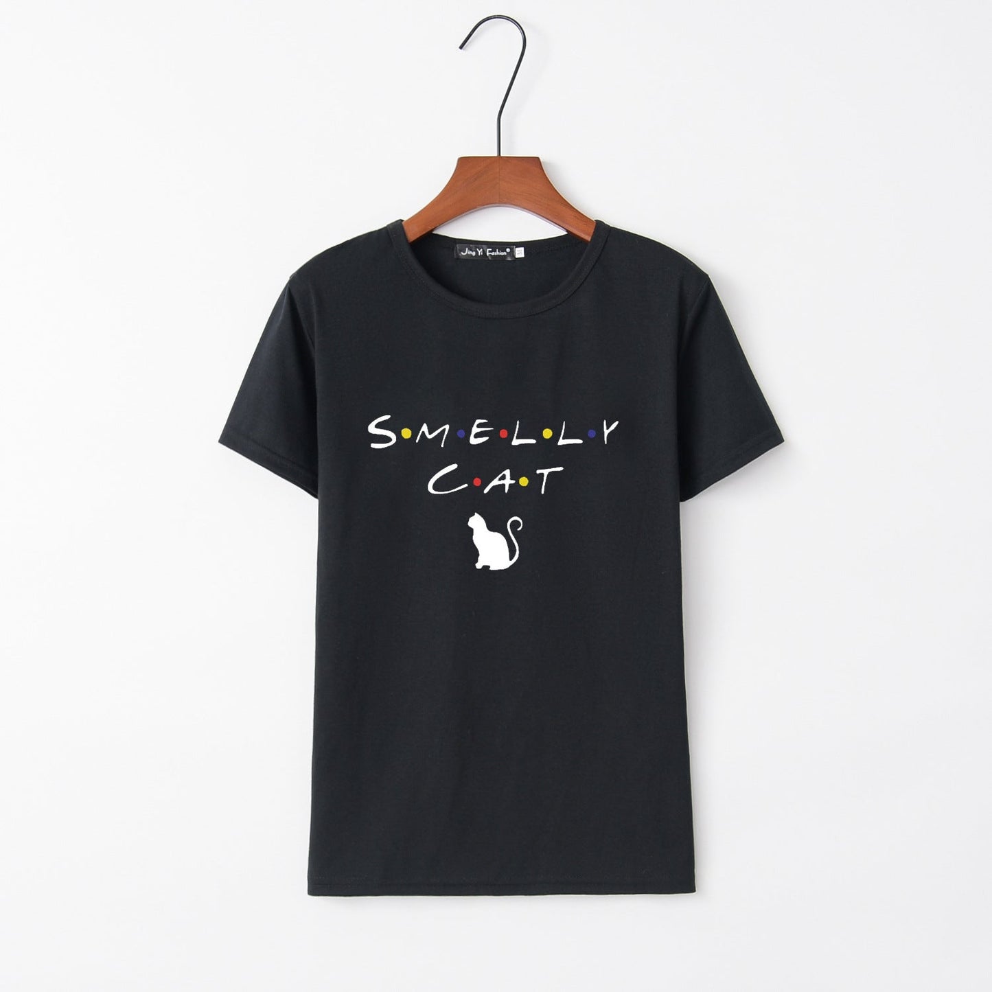 Damen T-Shirt Katzenmotiv Rundhals Schwarz - Eveloria