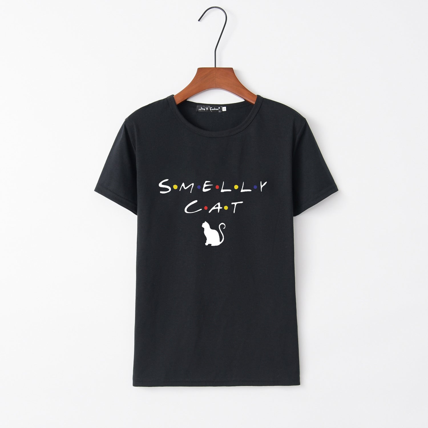 Damen T-Shirt Katzenmotiv Rundhals Schwarz - Eveloria