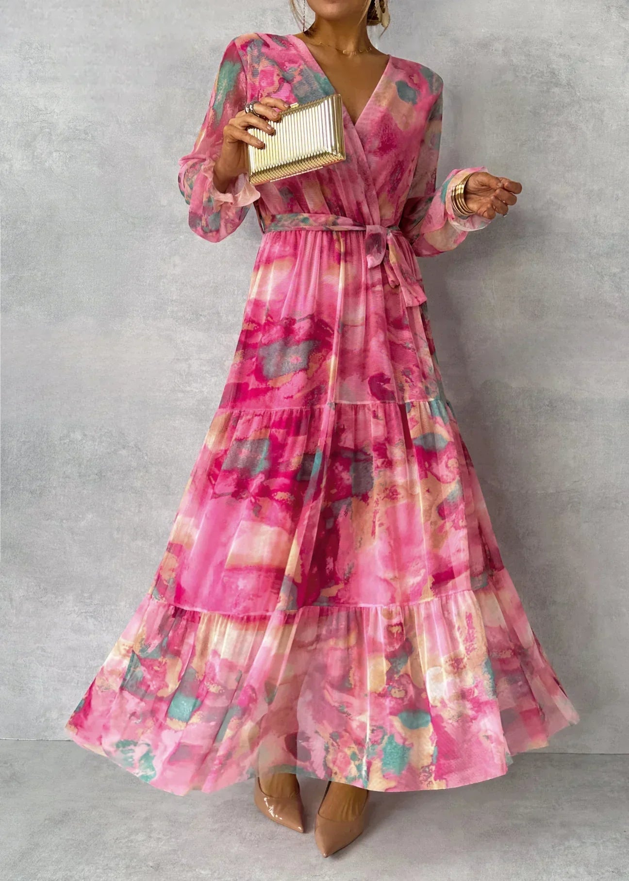 Damen Maxikleid Fließend Plissiert Blumenmuster Schwarz - Eveloria