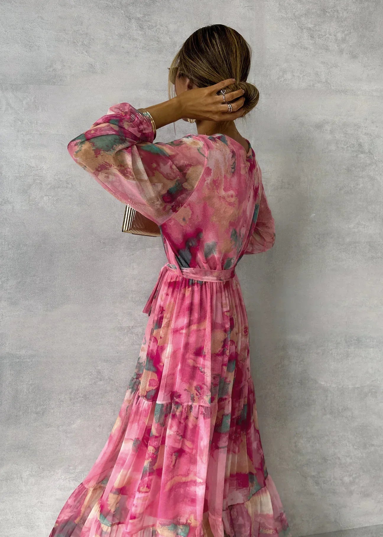 Damen Maxikleid Fließend Plissiert Blumenmuster