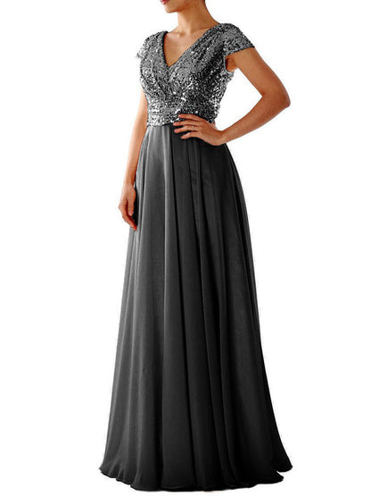Damen Maxi Kleid V-Ausschnitt Paillette Chiffon Paneel