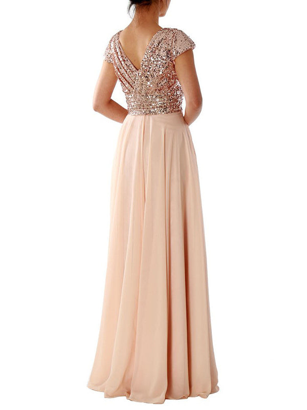 Damen Maxi Kleid V-Ausschnitt Paillette Chiffon Paneel Schwarz - Eveloria