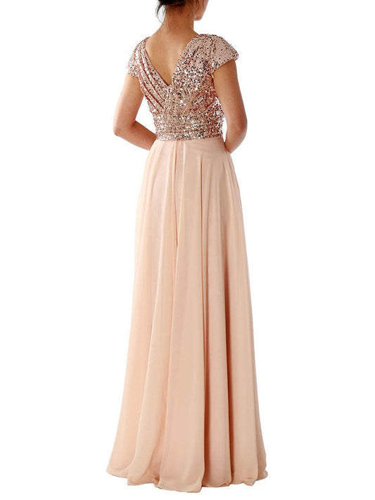 Damen Maxi Kleid V-Ausschnitt Paillette Chiffon Paneel Schwarz - Eveloria