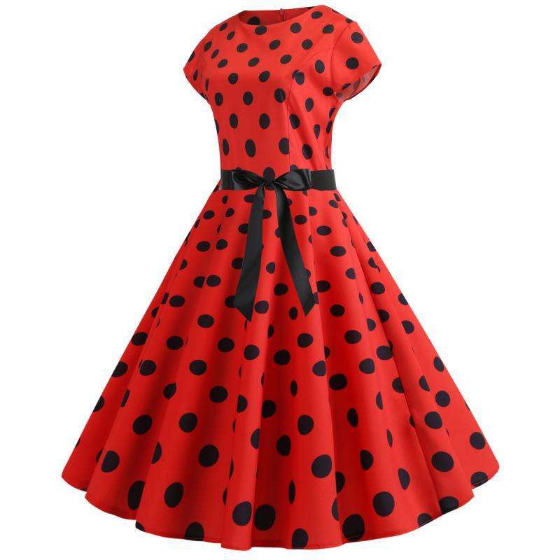 Damen Retro Swingkleid Punktmuster schmal Taillengürtel