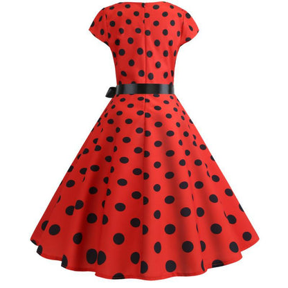 Damen Retro Swingkleid Punktmuster schmal Taillengürtel