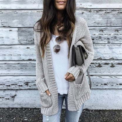 Damen Cardigan Grobstrick Offene Front Mit Taschen Beige