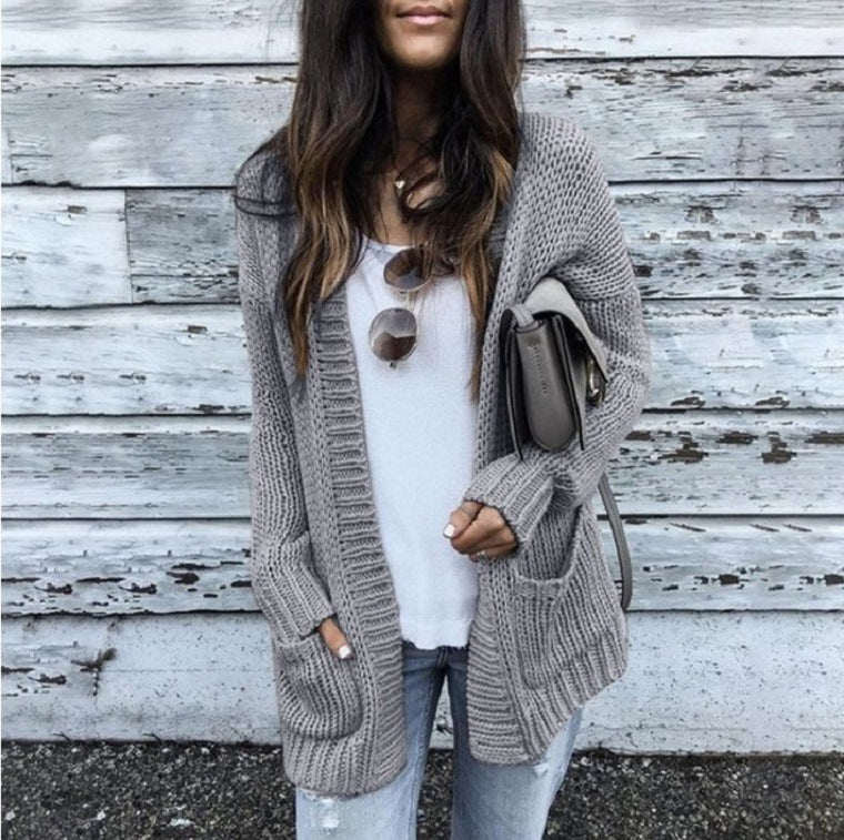 Damen Cardigan Grobstrick Offene Front Mit Taschen Beige