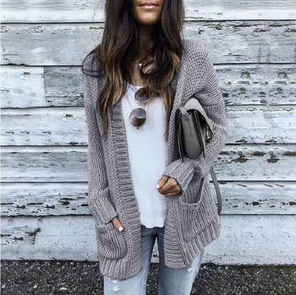 Damen Cardigan Grobstrick Offene Front Mit Taschen Beige