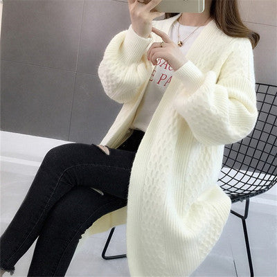 Damen Cardigan Grobstrick Offener Schnitt V-Ausschnitt Beige