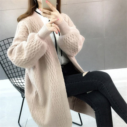 Damen Cardigan Grobstrick Offener Schnitt V-Ausschnitt Beige