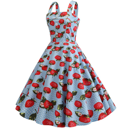 Damen Swingkleid Erdbeerdesign Schwingender Rock