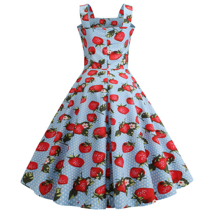 Damen Swingkleid Erdbeerdesign Schwingender Rock